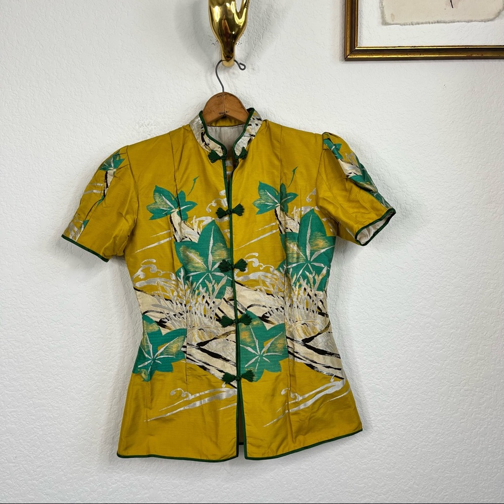 Vintage Yellow & Teal Floral Short-Sleeve Mandarin Jacket